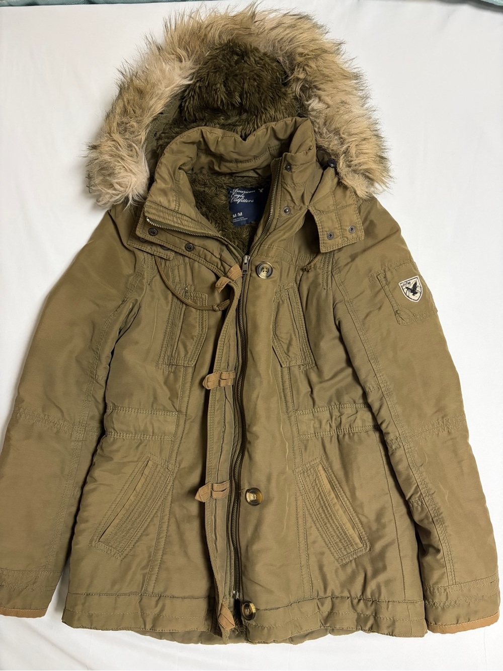 American Eagle Outfitters Olive-Tan Hooded Puffer Jacket with Faux Fur Trim